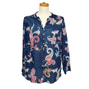 Talbots Women's Top X Band Collar Popover Blouse Cotton Navy Twinkle Paisley